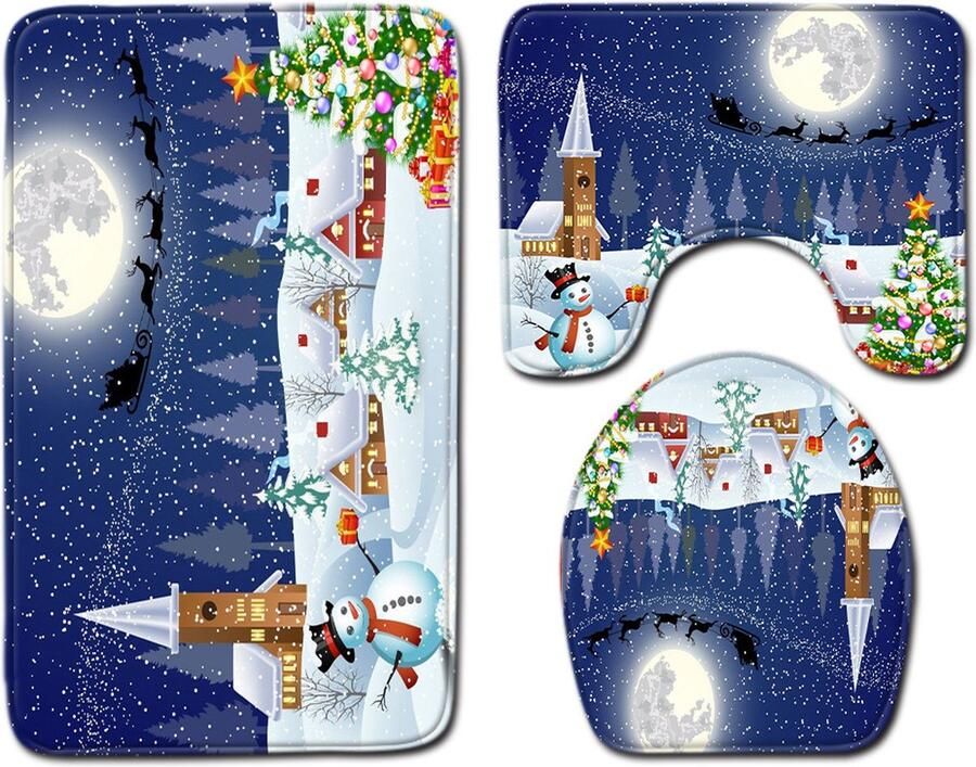 Gotrays Badkamerset 3-delige kerstbadkamerkleden antislip flanellen vloerkleden met U-profiel voor badkamer bad douche toilet - Foto 2
