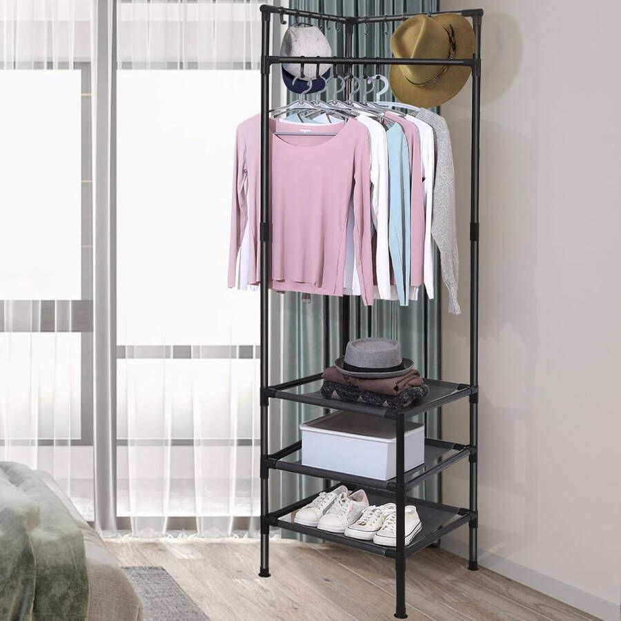Gotrays Kapstok vrijstaande kapstok met 3 planken industriële kledingstandaard voor toegang hal slaapkamer 185 x 50 x 50 cm Zwart