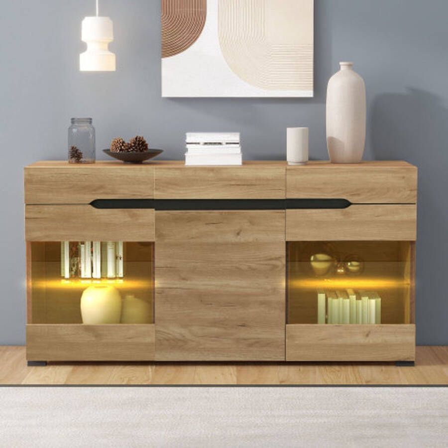 Gotrays LED Dressoir Kast Modern Woonkamer Dressoir Meubel 3 Deuren 3 Laden Moderne ladekast met veel opbergruimte voor je woonruimte