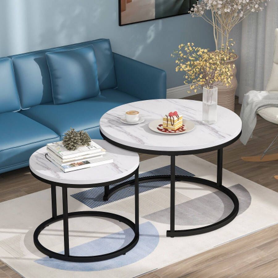 Gotrays Modern Ronde Salontafel Set van 2 Salontafel Woonkamer Ronde houten salontafel met massief metalen frame met poedercoating Rustiek voor Woonkamer Balkon Tuin etc.（Wit）