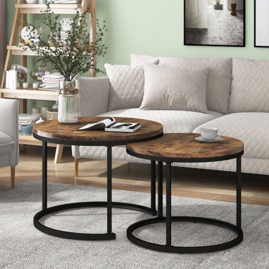 Gotrays Modern Ronde Salontafel Set van 2 Salontafel Woonkamer Ronde houten salontafel met massief metalen frame met poedercoating Rustiek voor Woonkamer Balkon Tuin etc.（Wit）