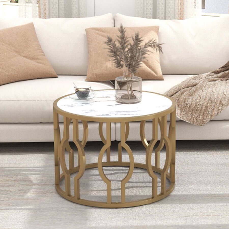 Gotrays Salontafel Woonkamertafel met Goud Stalen Frame Sofa Tafel Ronde Tafel Woonkamer Bijzettafel Wit marmer patroon 70*46.5cm