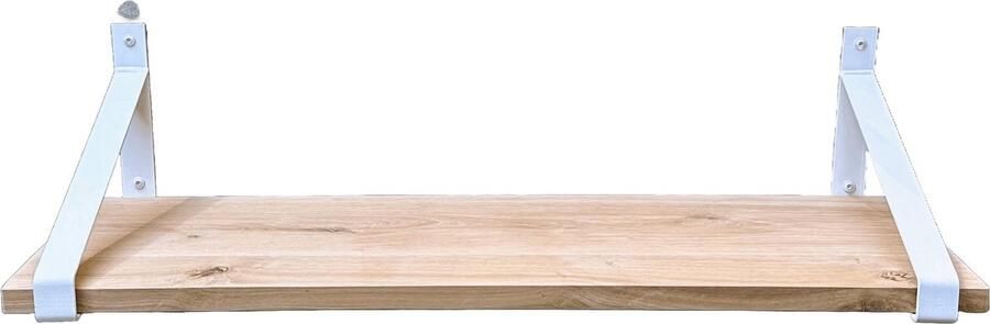 GoudmetHout Massief Eiken Wandplank 160x35 cm Industriële Plankdragers Staal Mat Wit Wandplank hout
