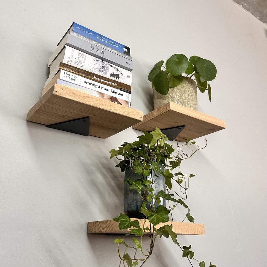 GoudmetHout Massief Eiken Wandplank Mini Set van 3 Boekenplank 20x25 cm Industriële Plankdragers Driehoekvorm Staal Mat Zwart