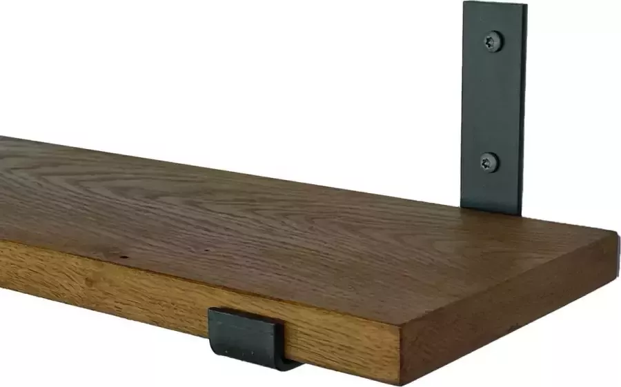 GoudmetHout Massief Eiken Wandplank 140x20 cm Donker eiken Industriële plankdragers L-vorm UP mat blank Staal Wandplank Hout