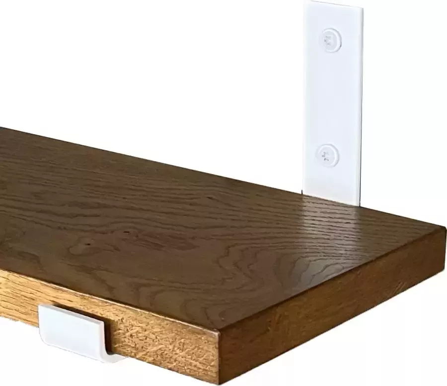 GoudmetHout Massief Eiken Wandplank 140x20 cm Donker eiken Industriële plankdragers L-vorm UP mat wit Staal Wandplank Hout