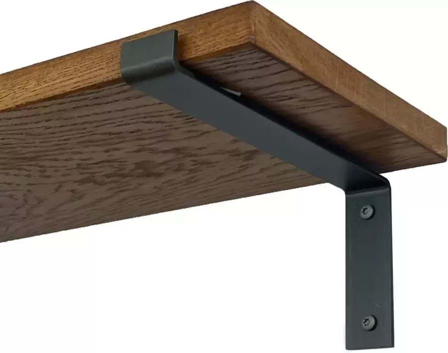 GoudmetHout Massief Eiken Wandplank 140x25 cm Donker eiken Industriële plankdragers L-vorm mat blank Staal Wandplank Hout
