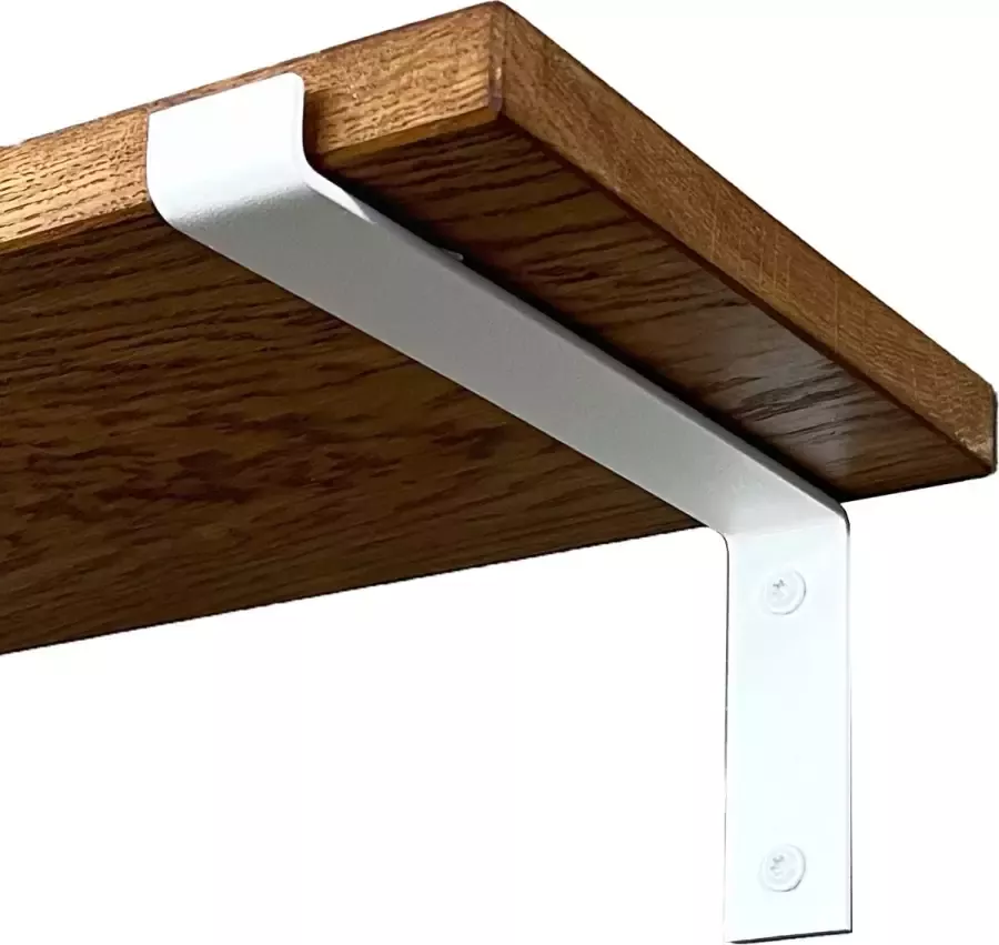 GoudmetHout Massief Eiken Wandplank 140x25 cm Donker eiken Industriële plankdragers L-vorm mat wit Staal Wandplank Hout