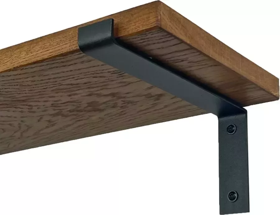 GoudmetHout Massief Eiken Wandplank 140x25 cm Donker eiken Industriële plankdragers L-vorm mat zwart Staal Wandplank Hout