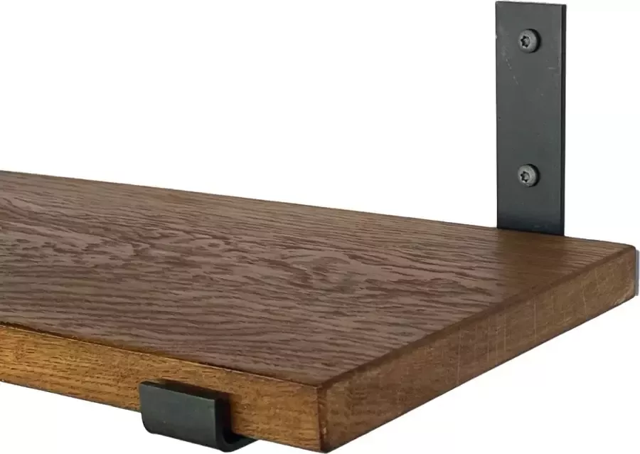 GoudmetHout Massief Eiken Wandplank 140x25 cm Donker eiken Industriële plankdragers L-vorm UP mat blank Staal Wandplank Hout