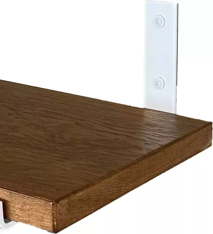 GoudmetHout Massief Eiken Wandplank 140x25 cm Donker eiken Industriële plankdragers L-vorm UP mat wit Staal Wandplank Hout