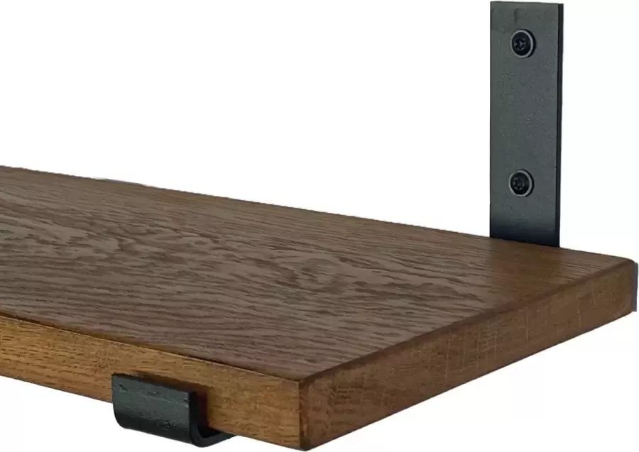 GoudmetHout Massief Eiken Wandplank 140x25 cm Donker eiken Industriële plankdragers L-vorm UP mat zwart Staal Wandplank Hout