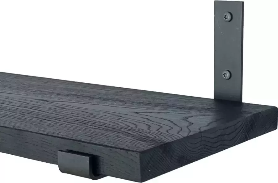 GoudmetHout Massief Eiken Wandplank 140x25 cm Zwart eiken Industriële plankdragers L-vorm UP mat blank Staal Zwarte wandplank