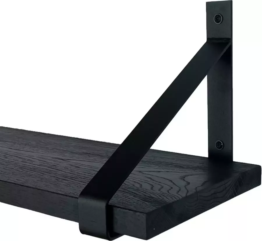 GoudmetHout Massief Eiken Wandplank 140x25 cm Zwart eiken Industriële plankdragers mat zwart Staal Zwarte wandplank