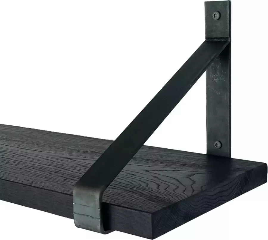 GoudmetHout Massief Eiken Wandplank 140x25 cm Zwart eiken Industriële plankdragers zonder coating Staal Zwarte wandplank