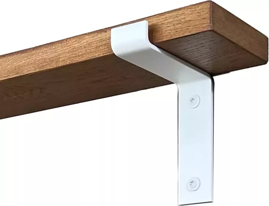 GoudmetHout Massief Eiken Wandplank 160x10 cm Donker eiken Industriële plankdragers L-vorm mat wit Staal Wandplank hout