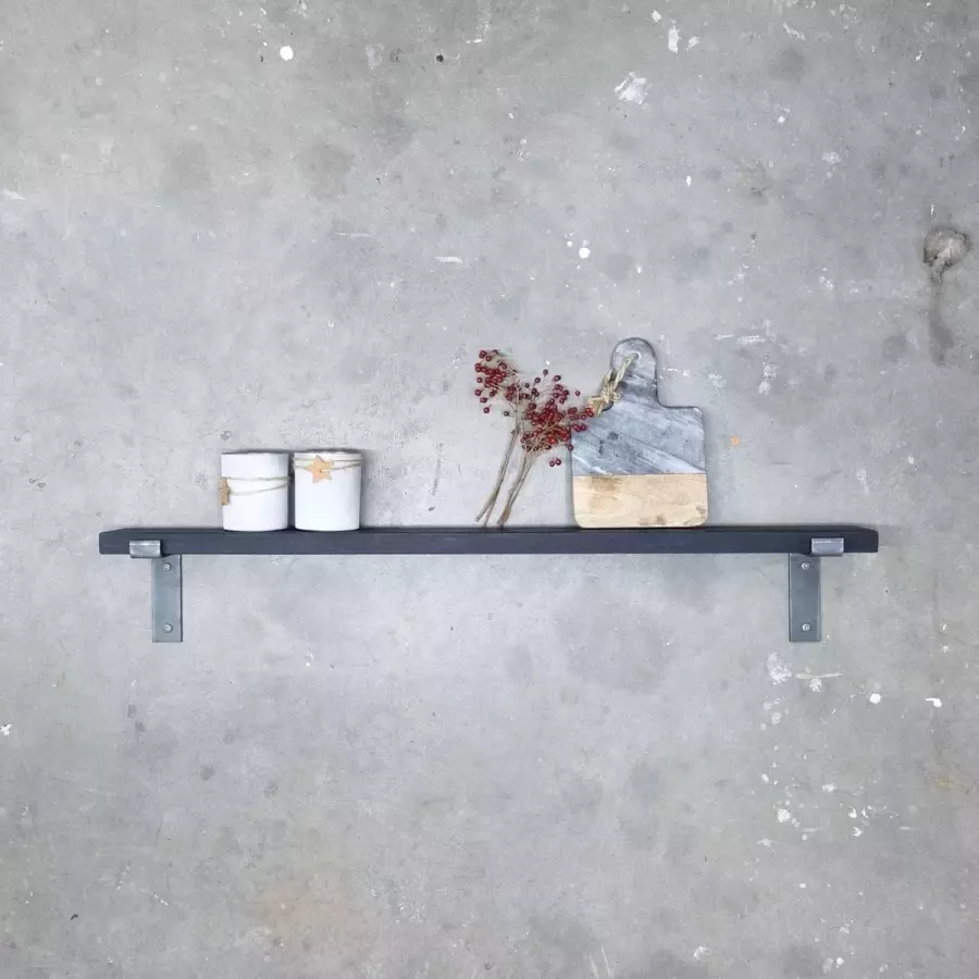 GoudmetHout Massief Eiken Wandplank 160x10 cm Zwart eiken Industriële plankdragers L-vorm zonder coating Staal Zwarte wandplank