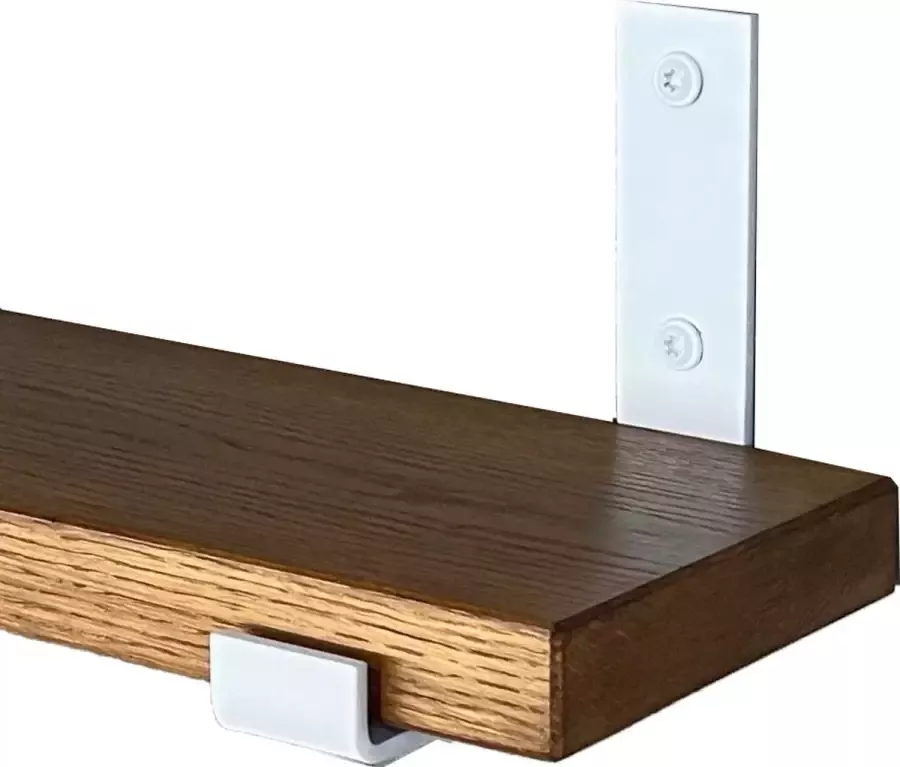 GoudmetHout Massief Eiken Wandplank 160x15 cm Donker eiken Industriële plankdragers L-vorm UP mat wit Staal Wandplank hout