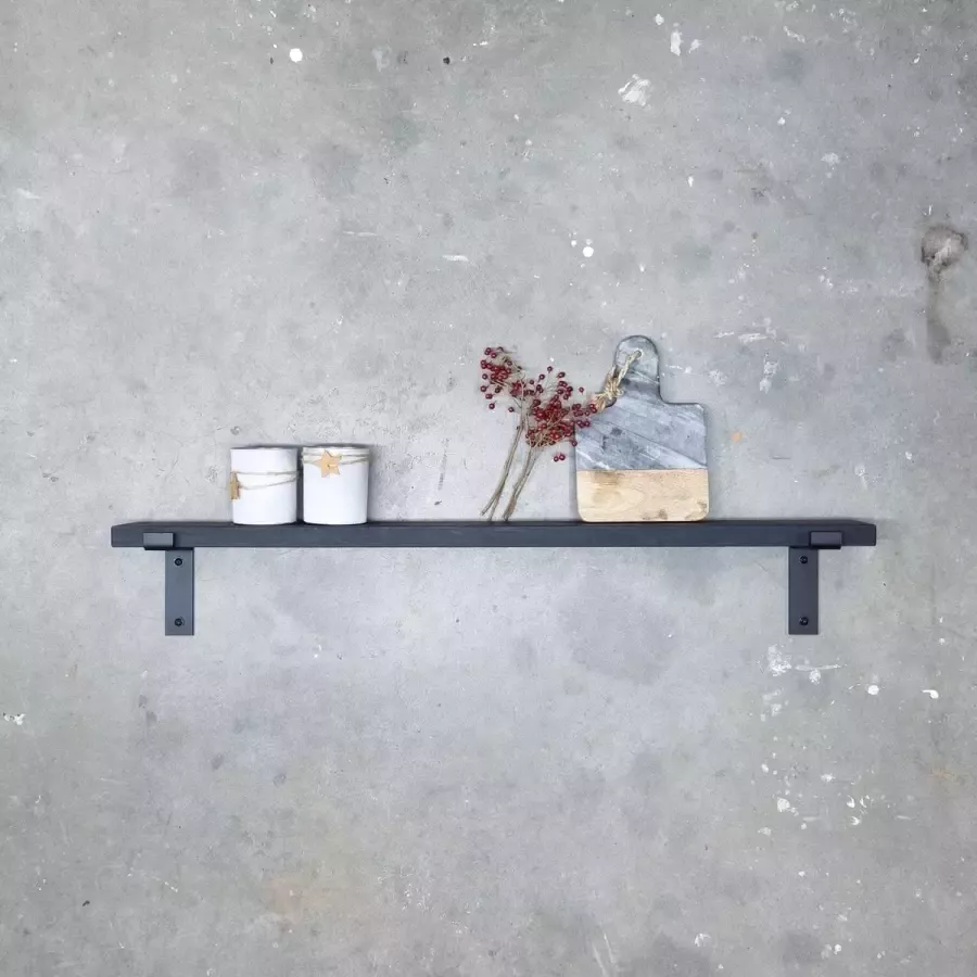 GoudmetHout Massief Eiken Wandplank 40x10 cm Zwart eiken Industriële plankdragers L-vorm mat zwart Staal Zwarte wandplank