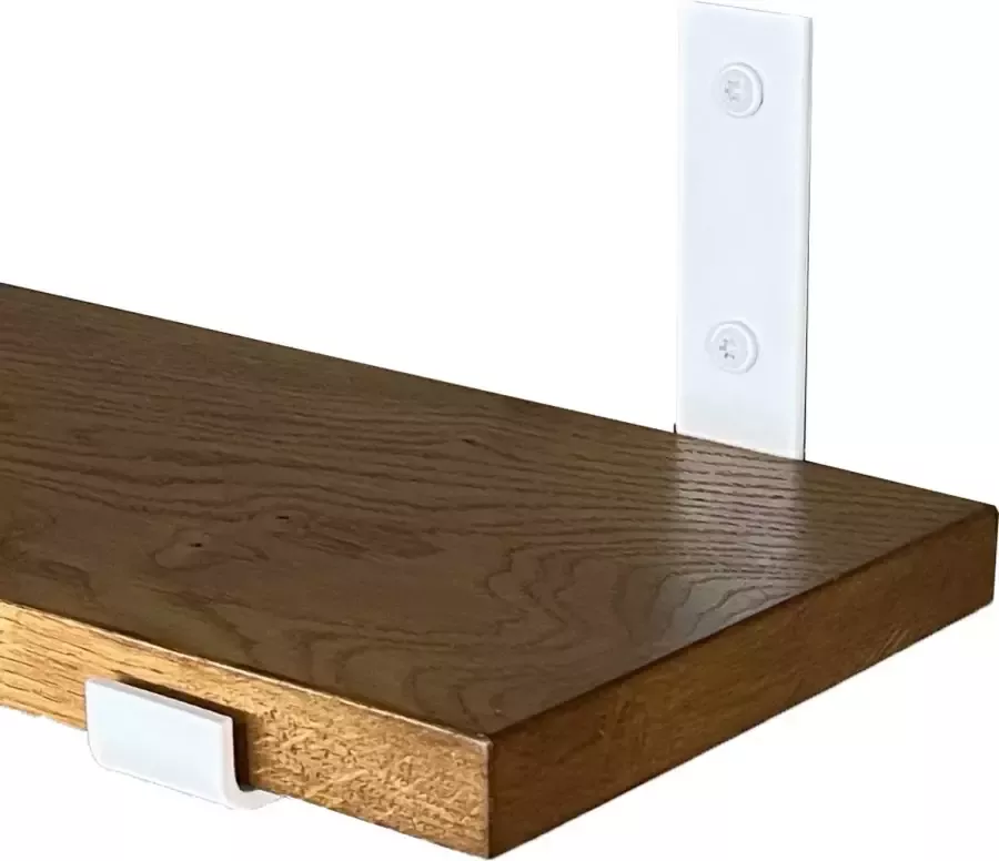 GoudmetHout Massief Eiken Wandplank 40x20 cm Donker eiken Industriële plankdragers L-vorm UP mat wit Staal Wandplank Hout