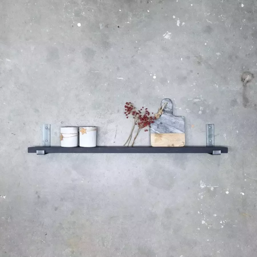 GoudmetHout Massief Eiken Wandplank 60x10 cm Zwart eiken Industriële plankdragers L-vorm UP zonder coating Staal Zwarte wandplank