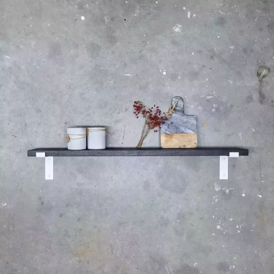 GoudmetHout Massief Eiken Wandplank 60x15 cm Zwart eiken Industriële plankdragers L-vorm mat wit Staal Zwarte wandplank