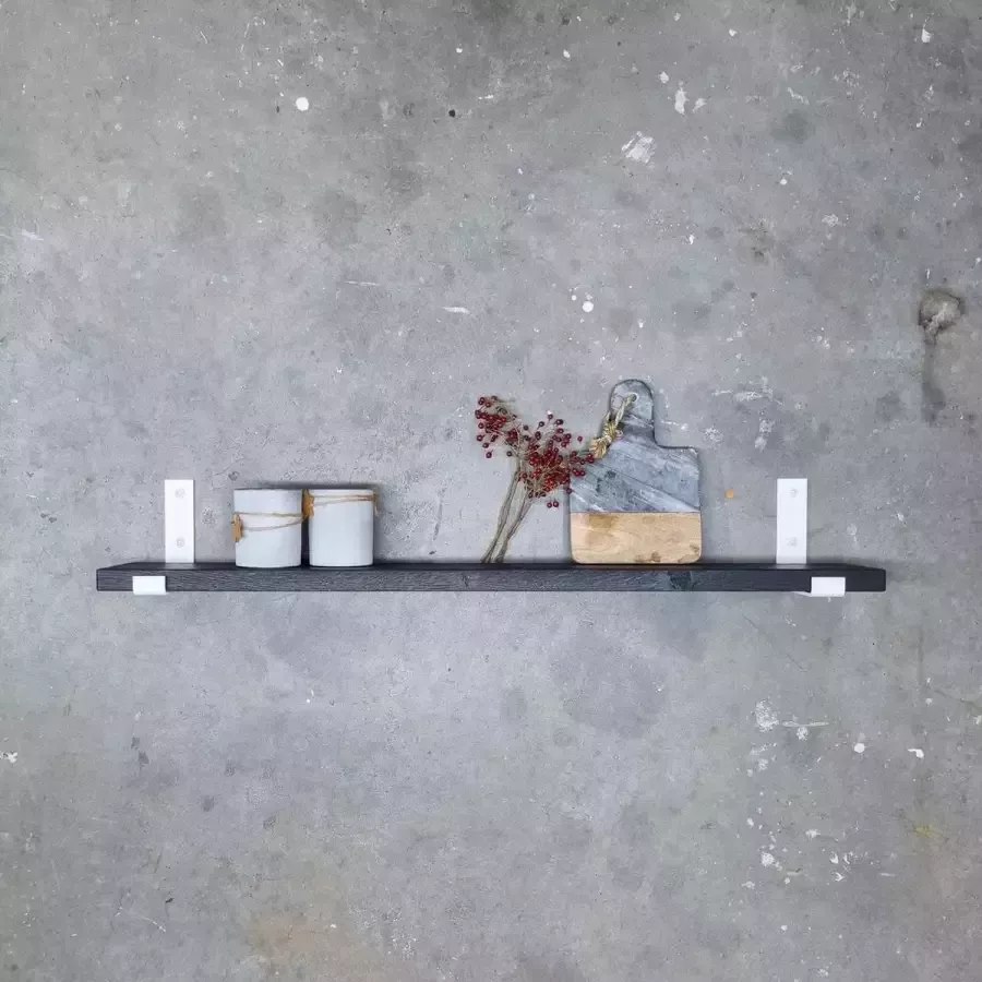 GoudmetHout Massief Eiken Wandplank 60x15 cm Zwart eiken Industriële plankdragers L-vorm UP mat wit Staal Zwarte wandplank