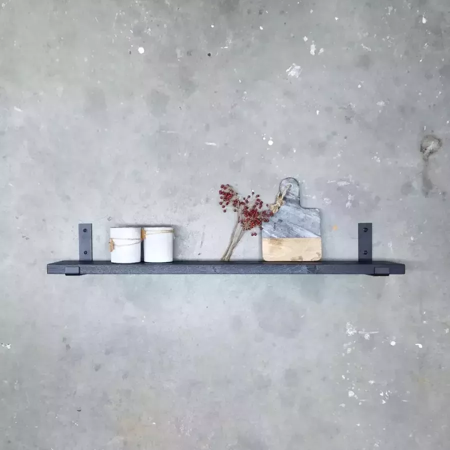 GoudmetHout Wandplank Industrieel 60 x 15 cm Muurplank Zwart Eiken Hout Decoratie Wandrek & Boekenrek Hangplank Keuken Wall Shelf + 2 Mat Zwarte Plankdragers van Staal