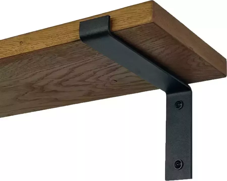GoudmetHout Massief Eiken Wandplank 60x20 cm Donker eiken Industriële plankdragers L-vorm mat zwart Staal Wandplank Hout