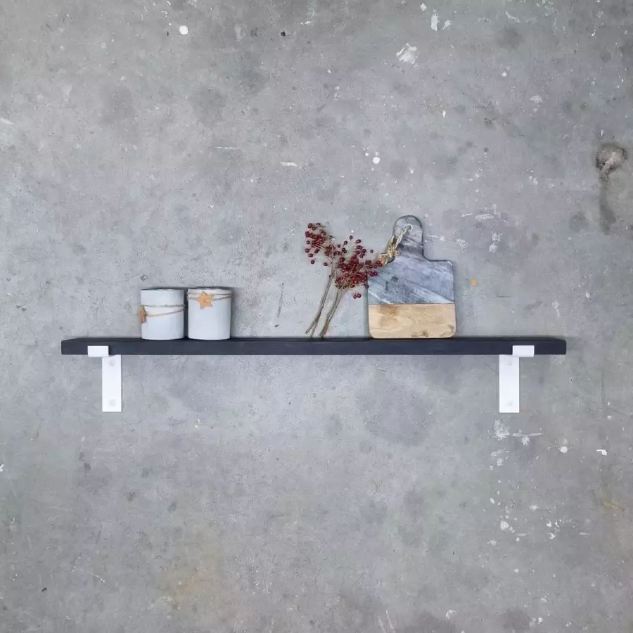 GoudmetHout Massief Eiken Wandplank 80x10 cm Zwart eiken Industriële plankdragers L-vorm mat wit Staal Zwarte wandplank