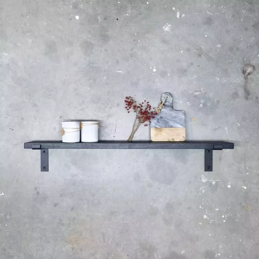 GoudmetHout Massief Eiken Wandplank 80x15 cm Zwart eiken Industriële plankdragers L-vorm mat zwart Staal Zwarte wandplank