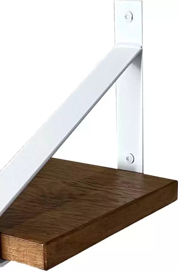 GoudmetHout Massief Eiken Wandplank 80x25 cm Donker eiken Industriële plankdragers mat wit Staal Wandplank hout