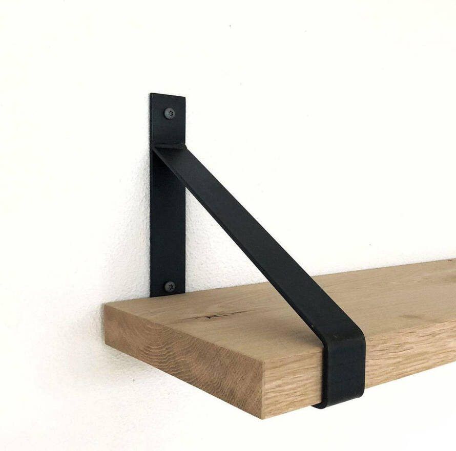 GoudmetHout Wandplank Industrieel 80 x 25 cm Muurplank Eiken Hout Decoratie Wandrek & Boekenrek Hangplank Keuken Wall Shelf + 2 Mat Blanke Plankdragers van Staal - Foto 2