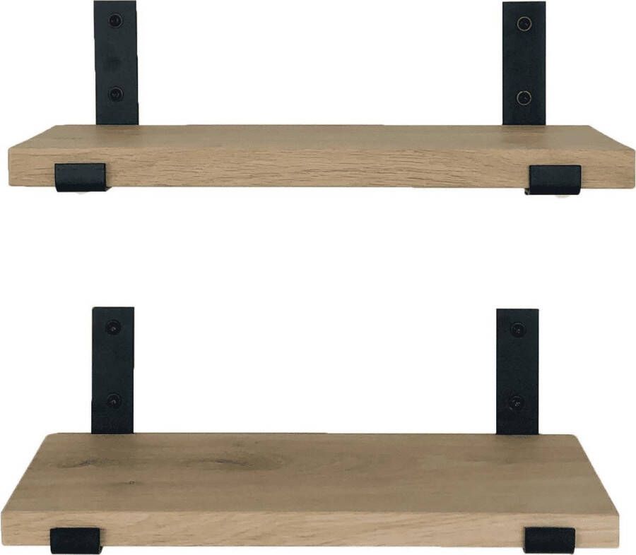 GoudmetHout Prijstopper Set Eiken Wandplanken Industrieel Wandrek 50x20 cm Industriële Plankdragers Staal Mat Blank