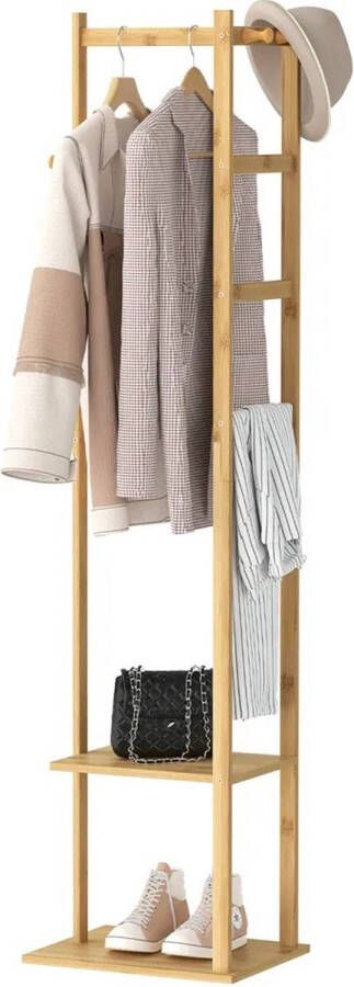 Gran Vida Kledingrek van Bamboe Inclusief 2 Opbergplanken & Haken Stijlvol Design Kleding Organizer