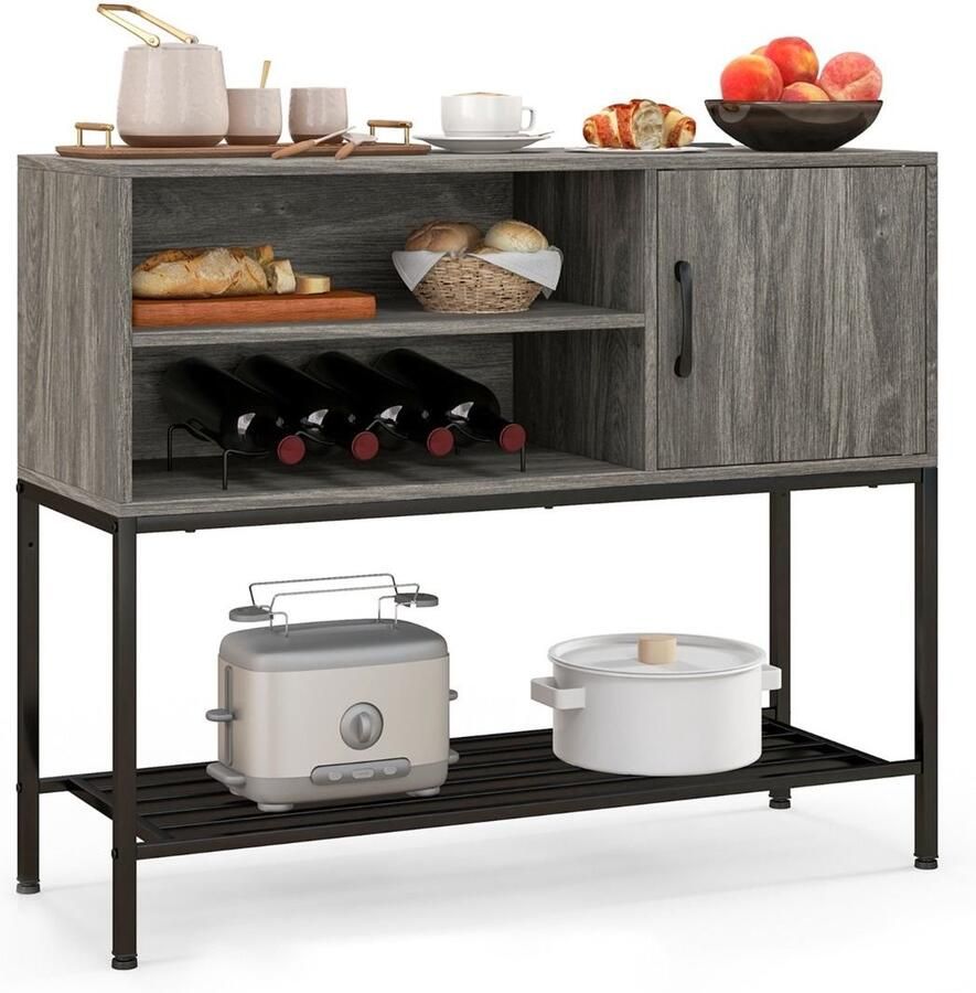 GranMaison Barkast Wijnrek Keukentrolley Wijnkast Drankkast 100 x 35 x 83 cm Wijnfleshouder Wijnglazenhouder Grijs