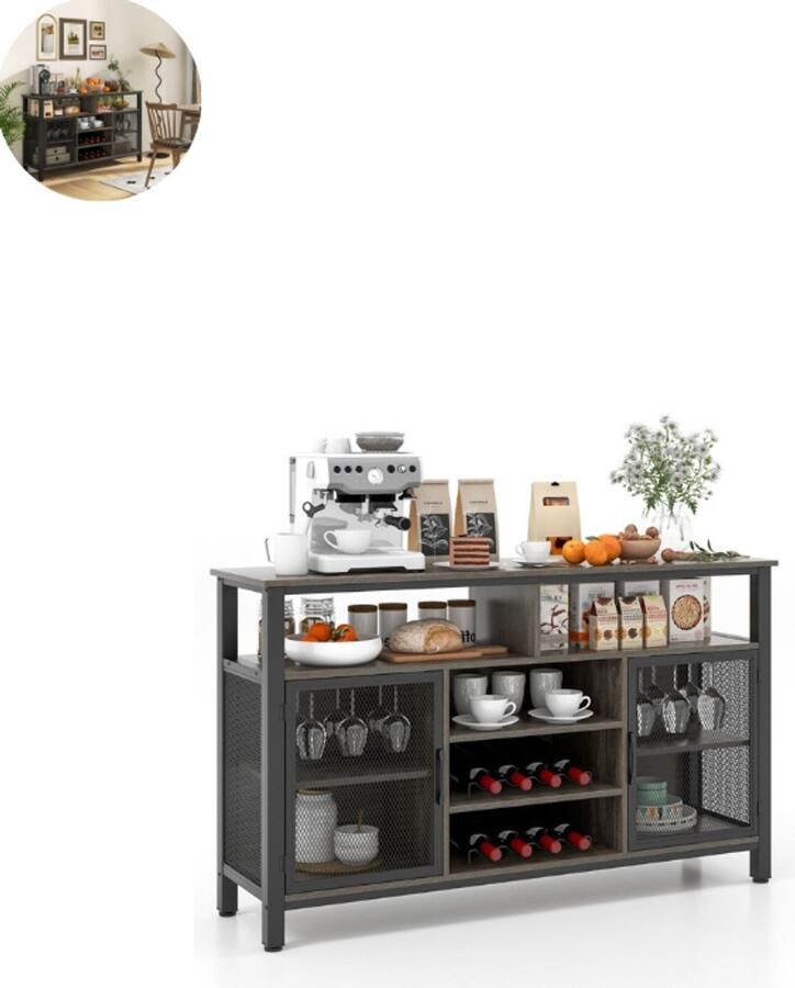 GranMaison Barkast Wijnrek Keukentrolley Wijnkast Drankkast 140 x 40 x 82 5 cm Wijnfleshouder Wijnglazenhouder Grijs + Zwart