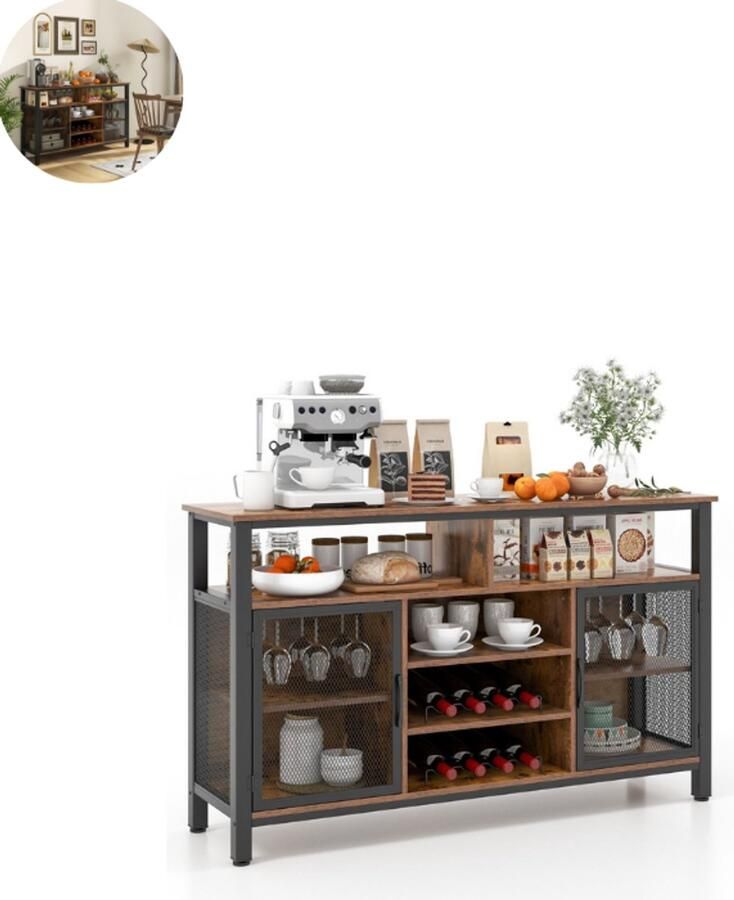 GranMaison Barkast Wijnrek Keukentrolley Wijnkast Drankkast 140 x 40 x 82 5 cm Wijnfleshouder Wijnglazenhouder Rustiek bruin + Zwart