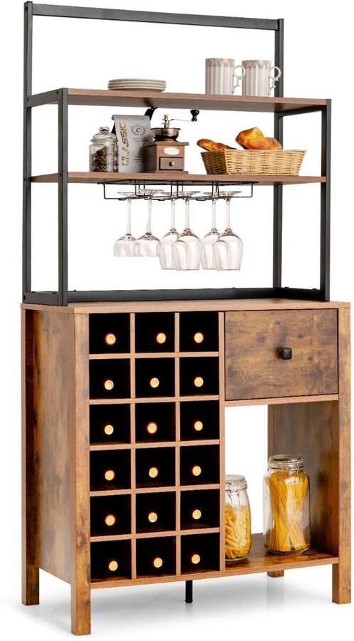 GranMaison Barkast Wijnrek Keukentrolley Wijnkast Drankkast 74 x 40 x 160 cm Wijnfleshouder Wijnglazenhouder Bruin