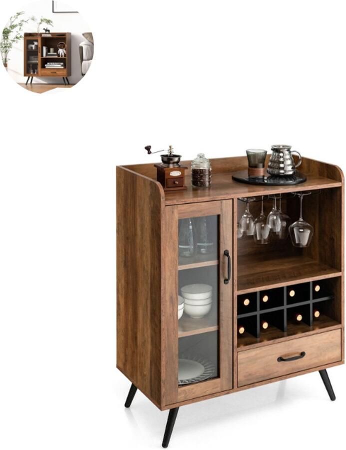 GranMaison Barkast Wijnrek Keukentrolley Wijnkast Drankkast 80 x 40 x 95 cm Wijnfleshouder Wijnglazenhouder Donkerbruin