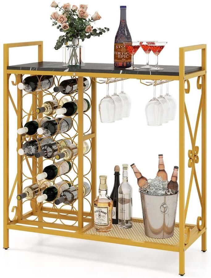 GranMaison Barkast Wijnrek Keukentrolley Wijnkast Drankkast 93 x 38 x 102 cm Wijnfleshouder Wijnglazenhouder Goud