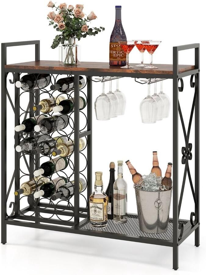 GranMaison Barkast Wijnrek Keukentrolley Wijnkast Drankkast 93 x 38 x 102 cm Wijnfleshouder Wijnglazenhouder Vintage