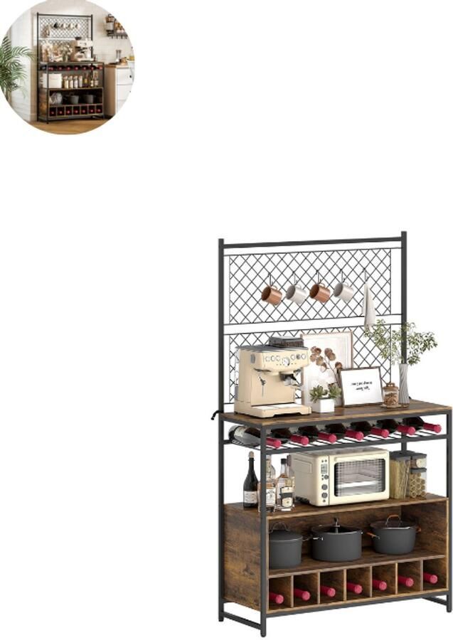 GranMaison Barkast Wijnrek Keukentrolley Wijnkast Drankkast 96.5 x 38 x 165 cm Wijnfleshouder Wijnglazenhouder Donkerbruin