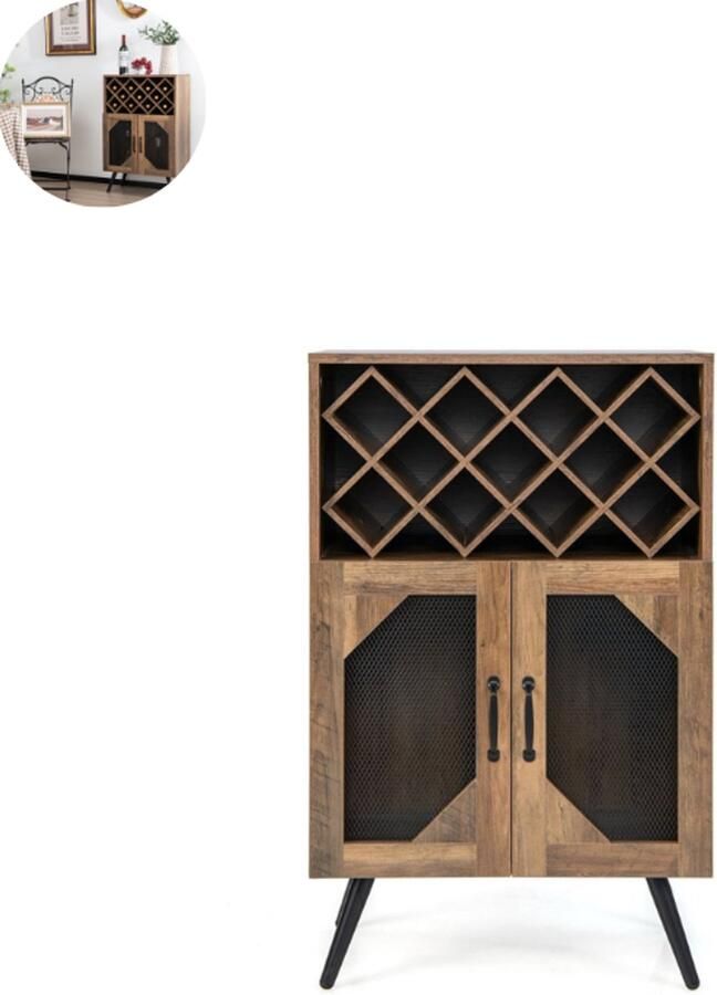 GranMaison Barkast Wijnrek Keukentrolley Wijnkast Serveerwagen 59 5 x 35 x 93 5 cm Wijnfleshouder Wijnglazenhouder Donkerbruin