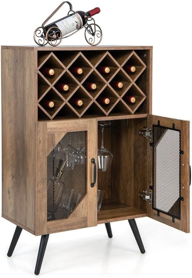 GranMaison Barkast Wijnrek Keukentrolley Wijnkast Serveerwagen 59 5 x 35 x 93 5 cm Wijnfleshouder Wijnglazenhouder Donkerbruin