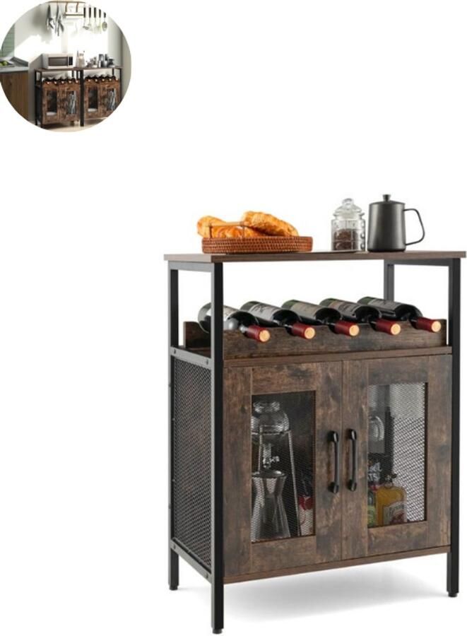 GranMaison Barkast Wijnrek Keukentrolley Wijnkast Serveerwagen 60 x 34 x 79 cm Wijnfleshouder Wijnglazenhouder Donkerbruin