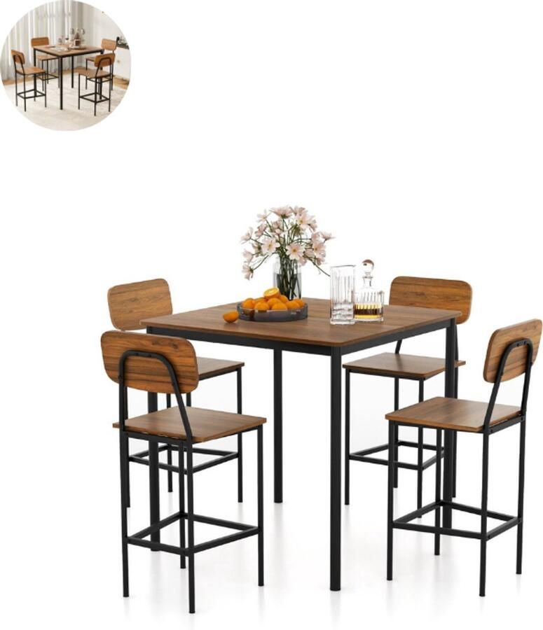 GranMaison Bartafel keuken Bartafel Set Barkruk Barstoel Keukenstoel Voetsteun Donkerbruin