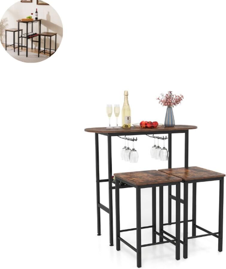 GranMaison Bartafel keuken Bartafel Set Barkruk Barstoel Keukenstoel Voetsteun Rustiek bruin + zwart