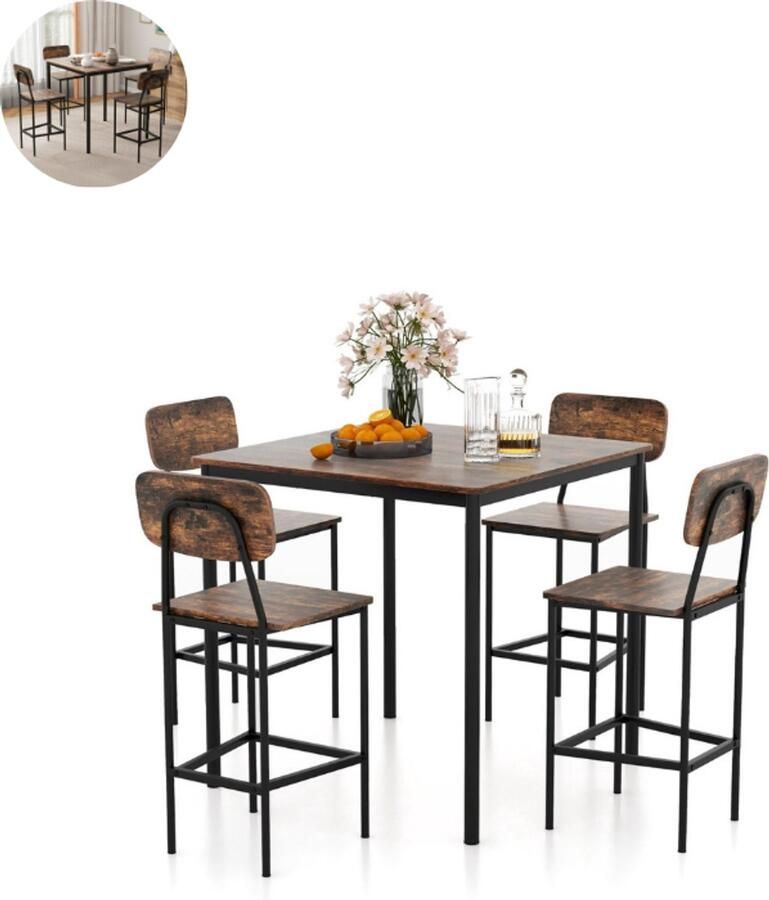 GranMaison Bartafel keuken Bartafel Set Barkruk Barstoel Keukenstoel Voetsteun Rustiek bruin