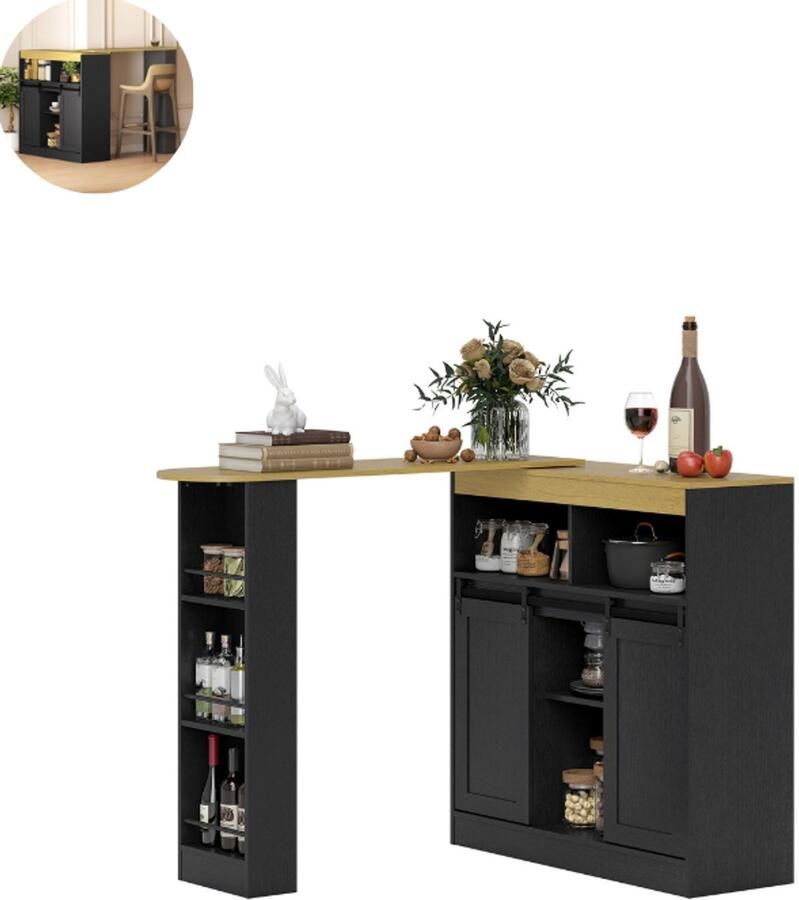 GranMaison Bartafel keuken Bartafel Set Barkruk Barstoel Keukenstoel Voetsteun Zwart